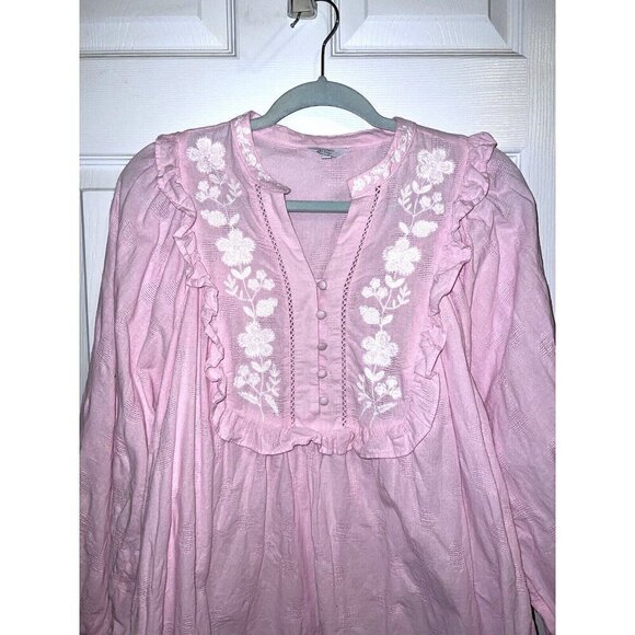 CROWN & IVY Soft Pink Long Sleeve Ruffle Embroidered Neckline Boho Blouse - Picture 3 of 11